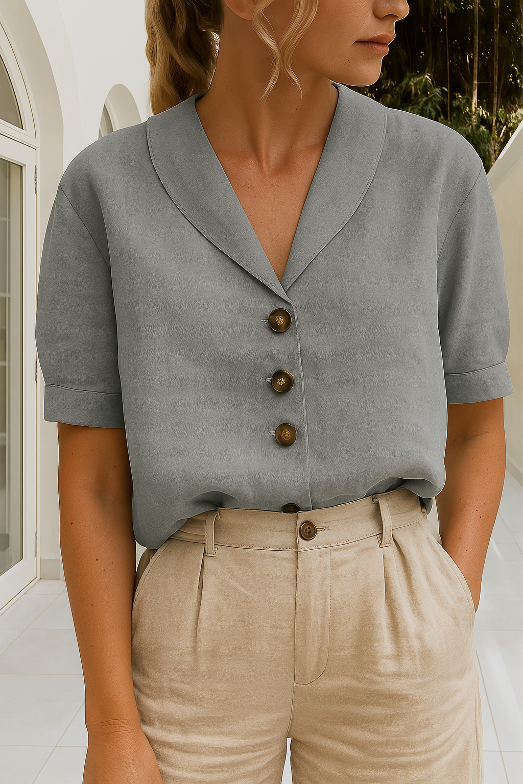 EVELINDA - Elegancka Casualowa Lniana Bluzka