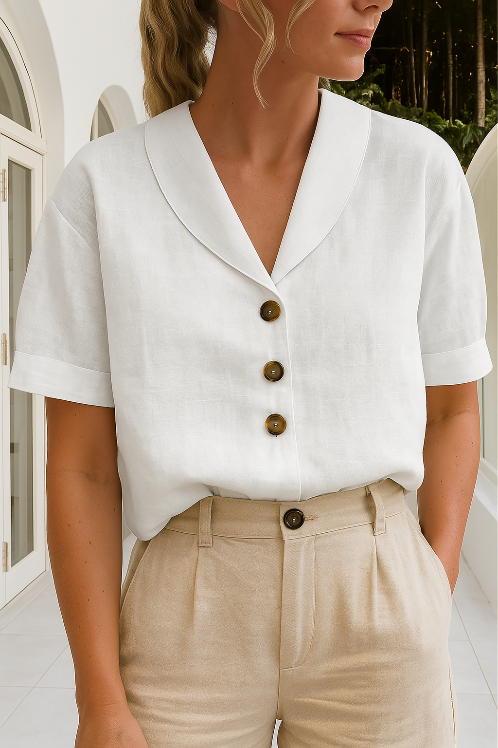 EVELINDA - Elegancka Casualowa Lniana Bluzka