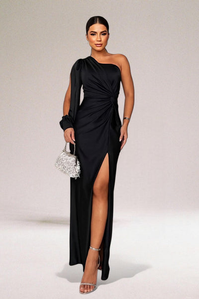 Robe Élina – Satin Asymétrique avec Détail Épaule